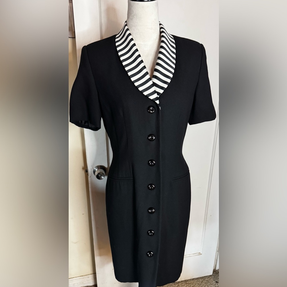 Vtg 90’s Black Shirt Dress Striped Collar Beetlejuice Whimsygoth Wednesday Goth